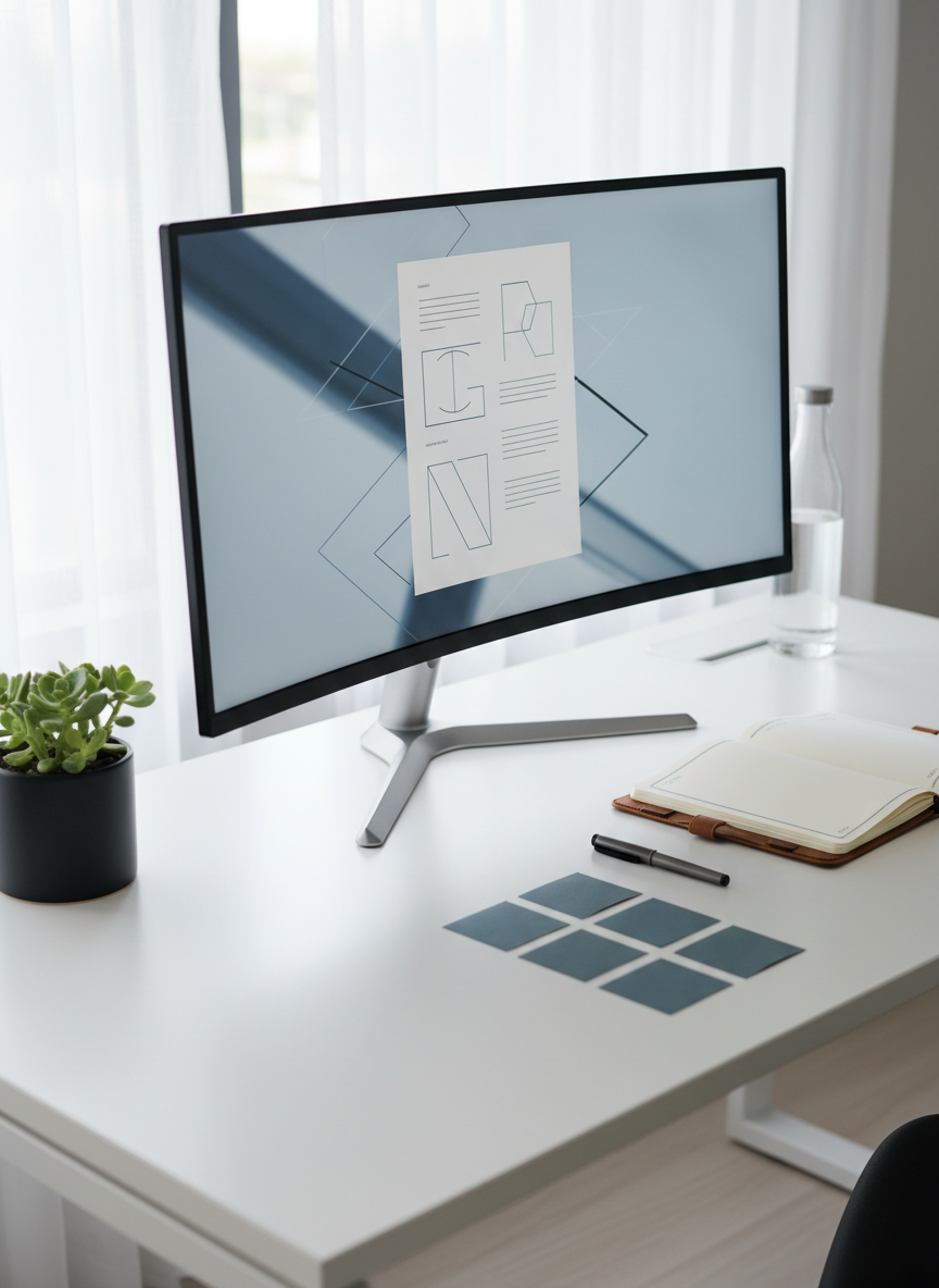 A detailed photographic image of a modern workspace with a large, clean white desk supporting a widescreen monitor displaying an abstract, blurred document layout, symbolizing crafted letters. Beside it, an open leather-bound planner, a fine-point pen, and neatly aligned sticky notes in muted blues and grays hint at structured, strategic writing. A small, low-maintenance plant in a matte black pot adds a touch of calm. Natural daylight from a nearby window, softened by sheer curtains, diffuses across the scene, creating delicate highlights on metal and glass surfaces. Shot from a slightly elevated three-quarter angle with moderate depth of field, the composition feels contemporary, organized, and discreet, conveying a high-end professional writing service without any legible text or people.