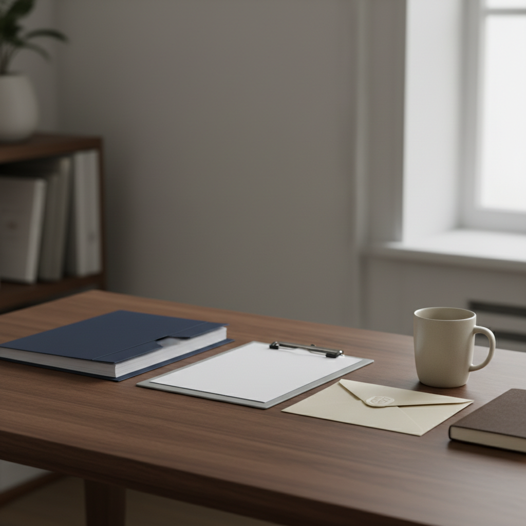 A minimalist photographic scene of a neatly arranged desktop featuring three distinct letter sets: one in a navy blue folder, one in a soft gray clipboard, and one sealed in a cream envelope with a subtle embossed emblem, symbolizing complaints, appeals, and insurance claims. They rest on a smooth walnut surface beside an understated sand-colored ceramic mug and a slim, closed notebook. Soft studio lighting from the left casts gentle, controlled shadows, emphasizing order and discretion. The background fades into a tasteful blur of muted office tones. Captured at eye level with a balanced, rule-of-thirds composition, the mood is composed, professional, and reassuring, suggesting organized, results-focused letter writing support without revealing any text or human presence.